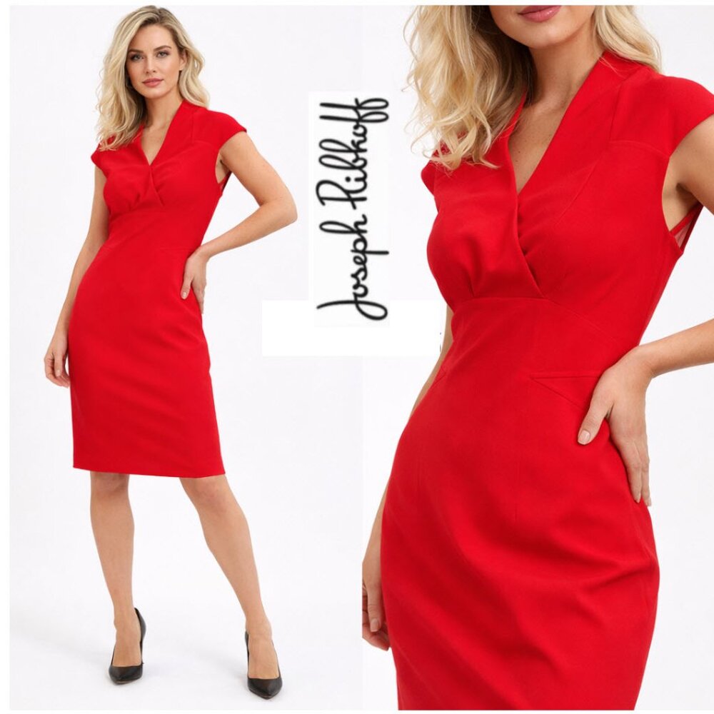 Joseph Ribkoff Red Sheath Dress Cap Sleeve V-Neck Size 10